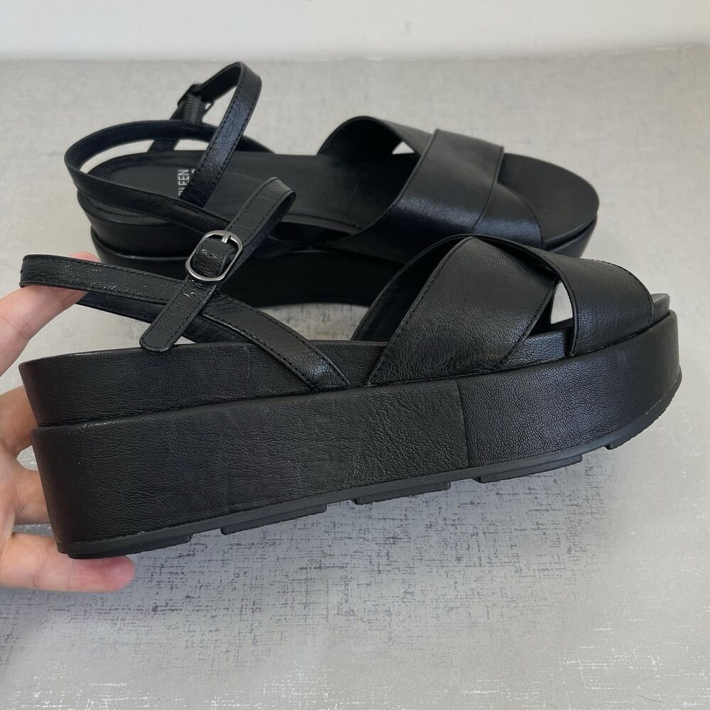 Eileen Fisher Juno Black Leather Platform Sandals 9.5 Ankle Straps Minimalist - Picture 7 of 12